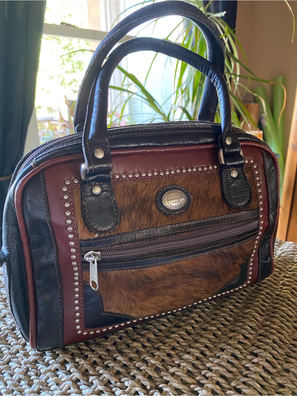 American West Brown Black Calf Hair Studded Leather Satchel Bag Western Boho